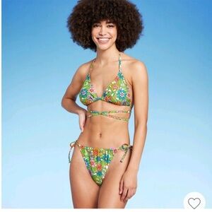 Y2k colorful Floral Bikini Set XS – strappy wrap triangle tie Festival Swim